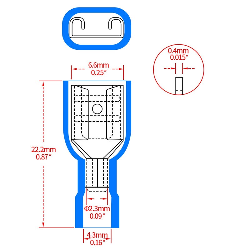 Heschen Female Quick Disconnects Vinyl Fully Insulated, FDFD2-250, 6.3 x 0.8 mm Cable Terminal, for 1.5-2.5mmÂ² (16-14 AWG), Blue, 100Pack - Image 2